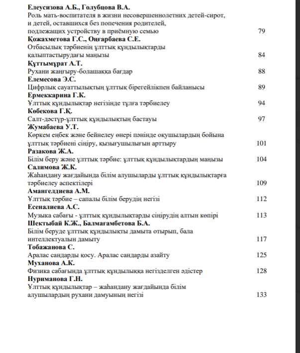 «Жаһандану жағдайында білім алушыларды ұлттық құндылықтарға тәрбиелеу аспектілері» тақырыбындағы республикалық ғылыми-тәжірибелік конференцияның материалдар жинағы